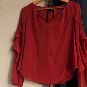 White House Black Market Deep Coral Blouse with Ruffled Sleeves XS NWOT